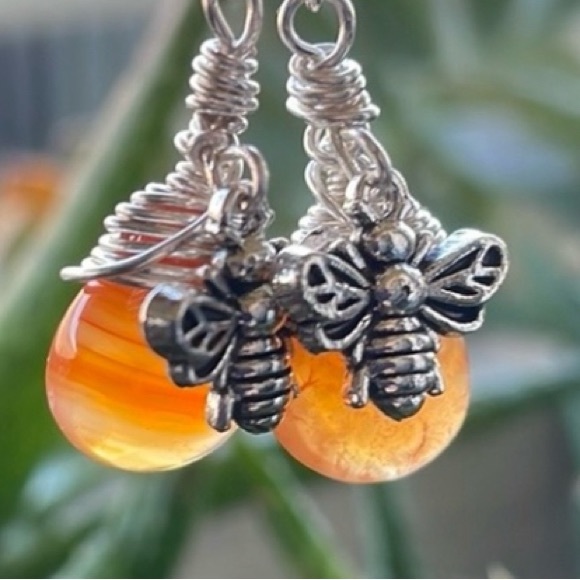 Carnelian Crystal Bee Earrings • Boho Artisan Cottagecore Jewelry - Picture 5 of 17